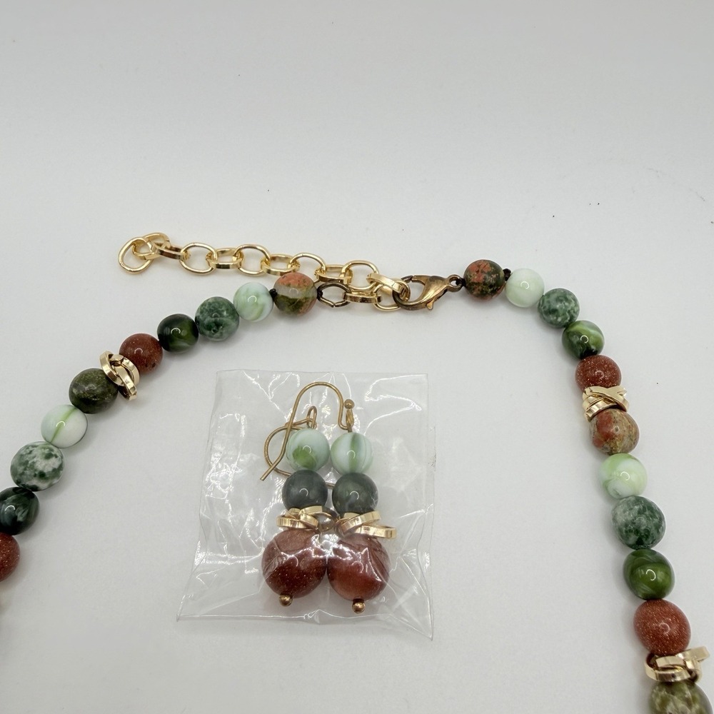 Necklace, Bracelet, Earring Jewelry Set of 3 Beads Green Brown Gold NEW Pierced - Picture 10 of 10